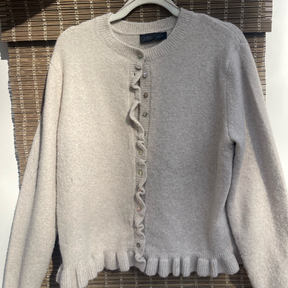 Zara Light Beige Ruffle-Trim Wool Blend Cardigan